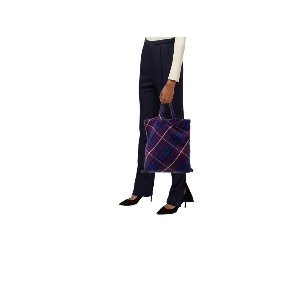 Burberry Nova Check Bucket Bag Women Large Purple Blue Good Plaid Tote - Picture 3 of 7